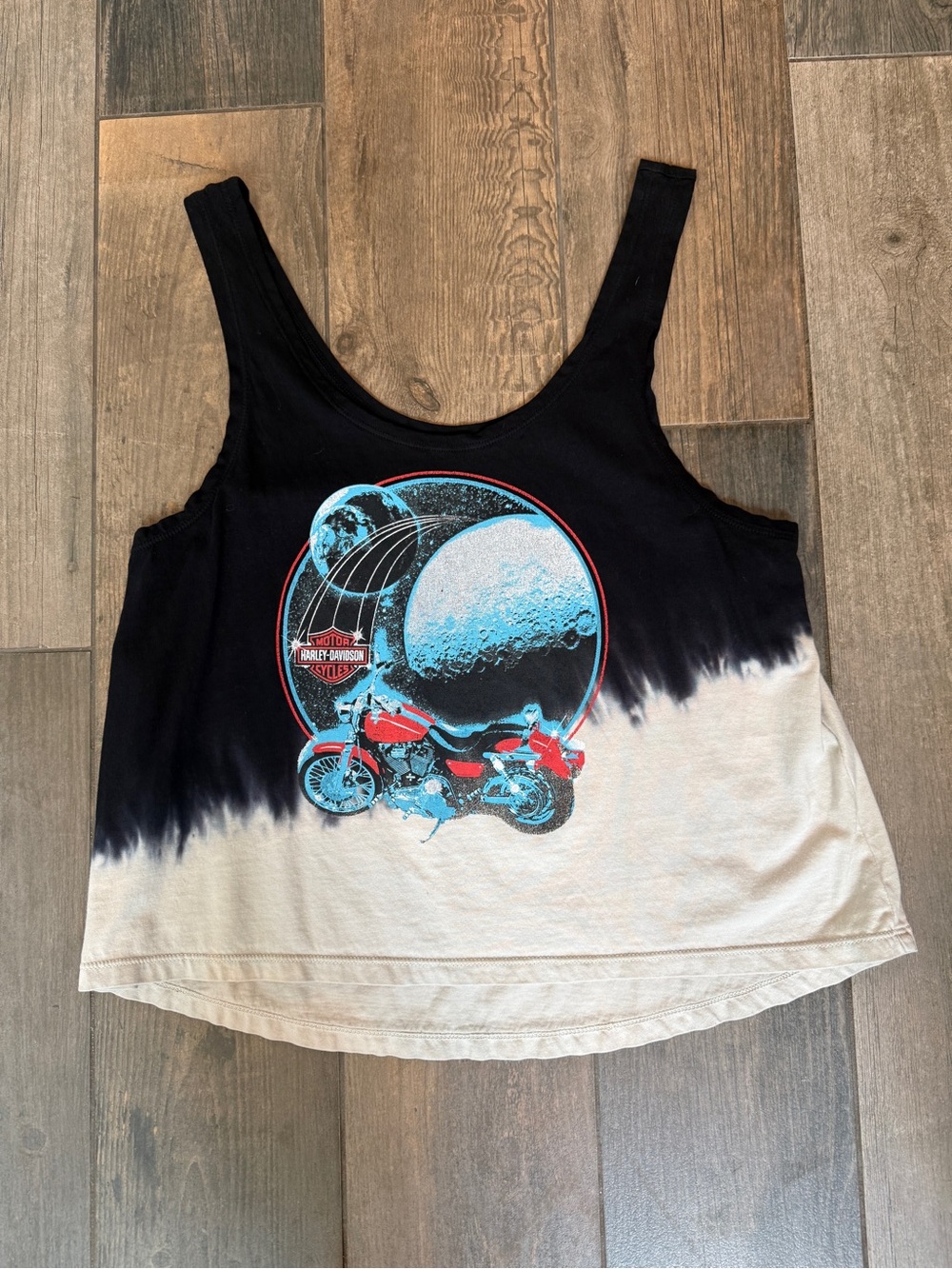 Harley-Davidson Black and Cream Tie-Dye Tank Top with Vintage Motorcycle Graphic